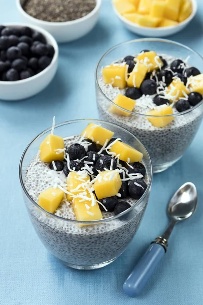 Pudim de semente de chia com manga de mirtilos e coco — Fotografia de Stock