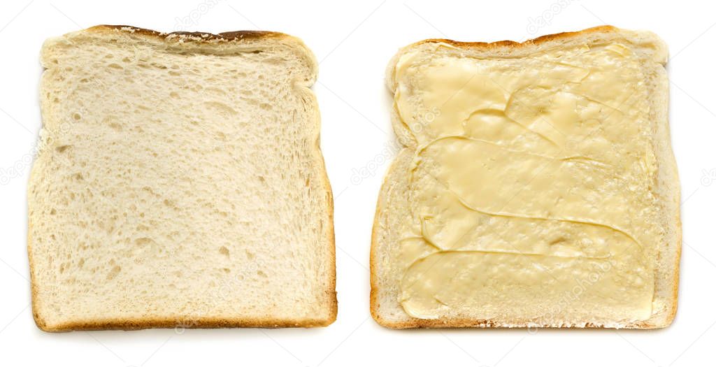 Slices of White Bread Isolated Top View Buttered and Unbuttered