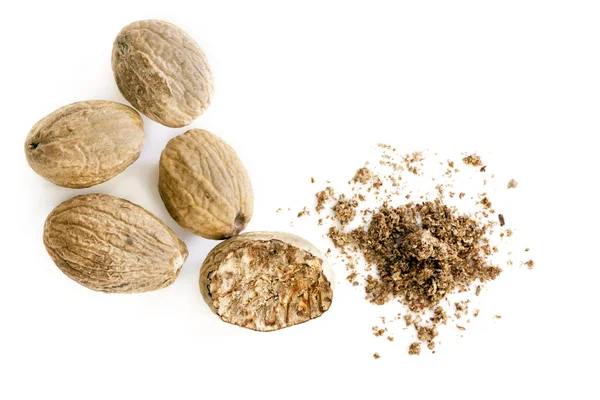 Nutmeg Whole and Ground Top View Isolated — Stock Photo, Image