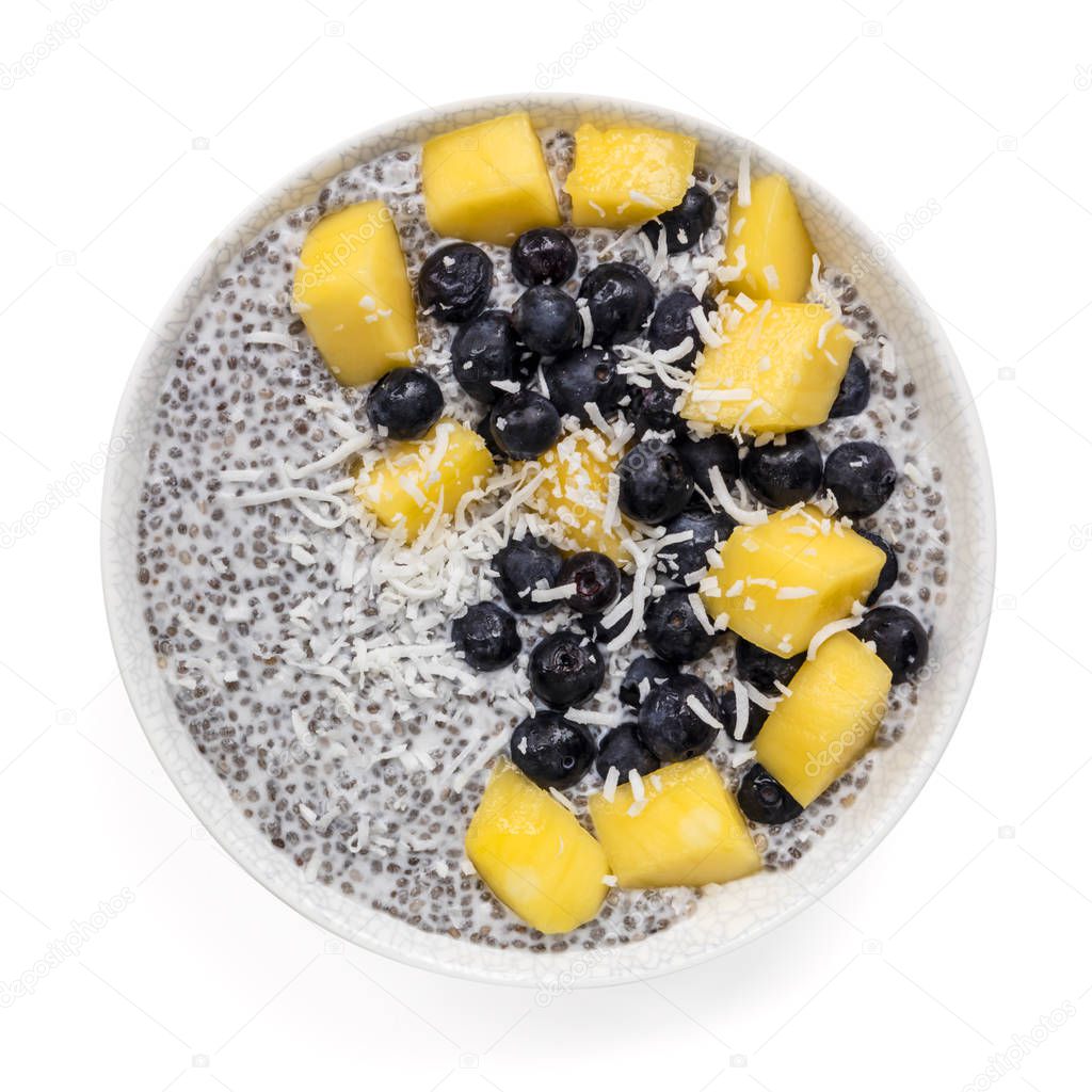 chia Pudding with Mango Blueberries and Coconut Top View Isolate