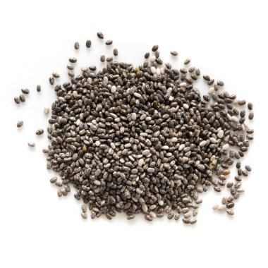  Chia tohum yığını, üst görünüm, beyaz üzerine izole.