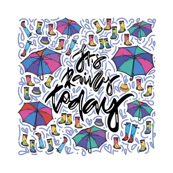Hoy Llueve Tarjeta Otoño Con Letras Dibujadas Mano Paraguas Botas — Vector de stock