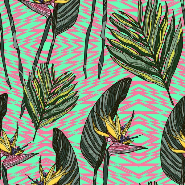Seamless pattern with tropical leaves and flowers.