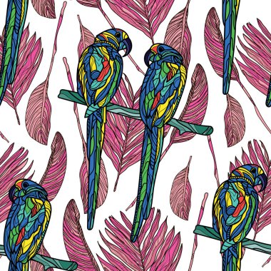 Papağan ve tropikal yaprak ile Seamless Modeli.