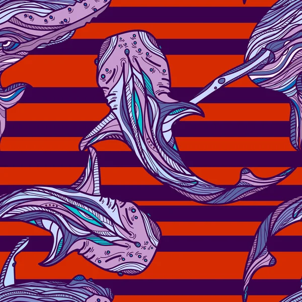 Modèle sans couture avec des baleines et des rayures rouges . — Image vectorielle