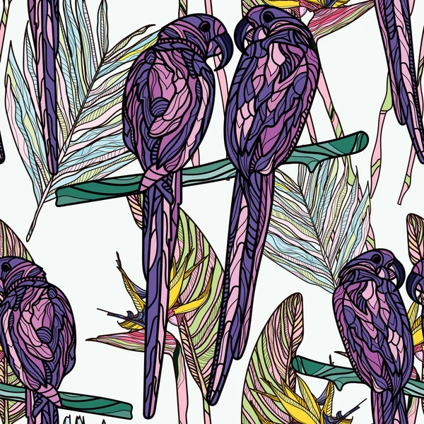 Nahtloses Muster mit violetten Papageien. — Stockvektor