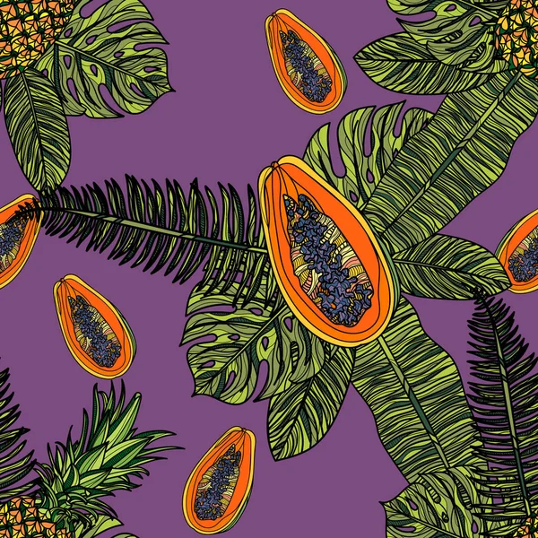 Seamless pattern with papaya and tropical leaves. — Stock Vector