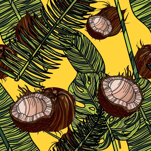 Magnifique motif sans couture avec noix de coco et feuilles tropicales . — Image vectorielle