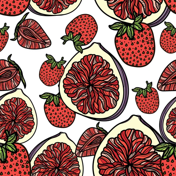 Nahtloses Muster mit Erdbeeren und Feigen. — Stockvektor