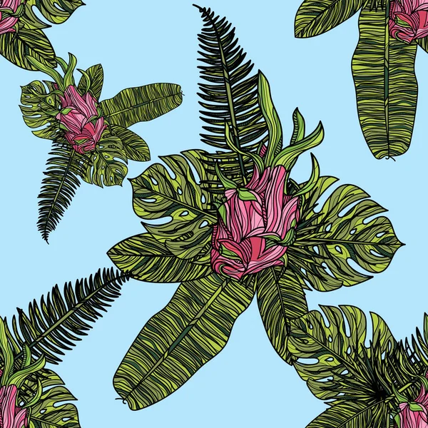 Seamless pattern with dragonfruit and tropical leaves. — Stock Vector