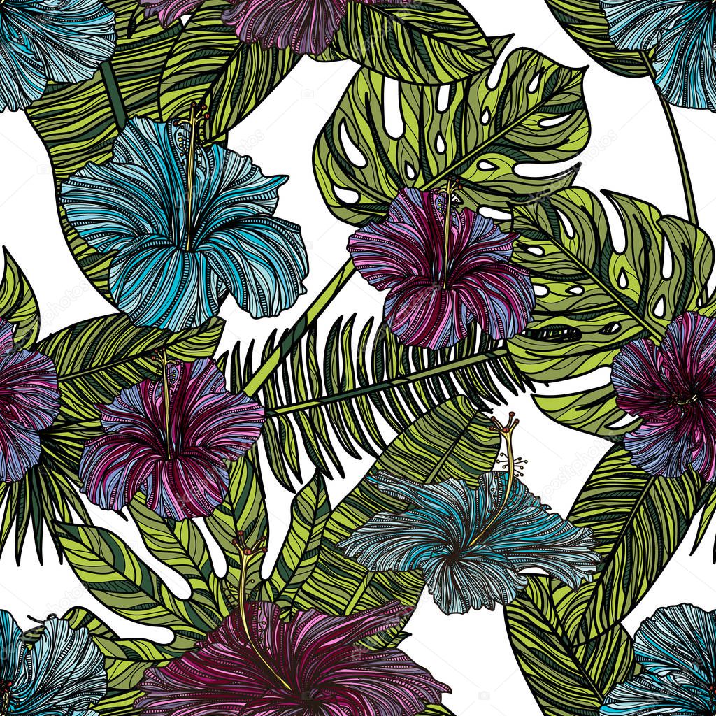 Seamless pattern with hibiscus flowers.