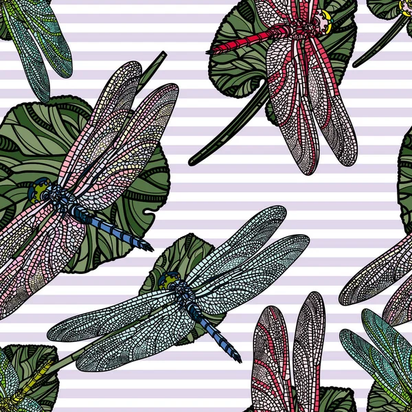 Seamless pattern with dragonfly on leaves. — Stock Vector