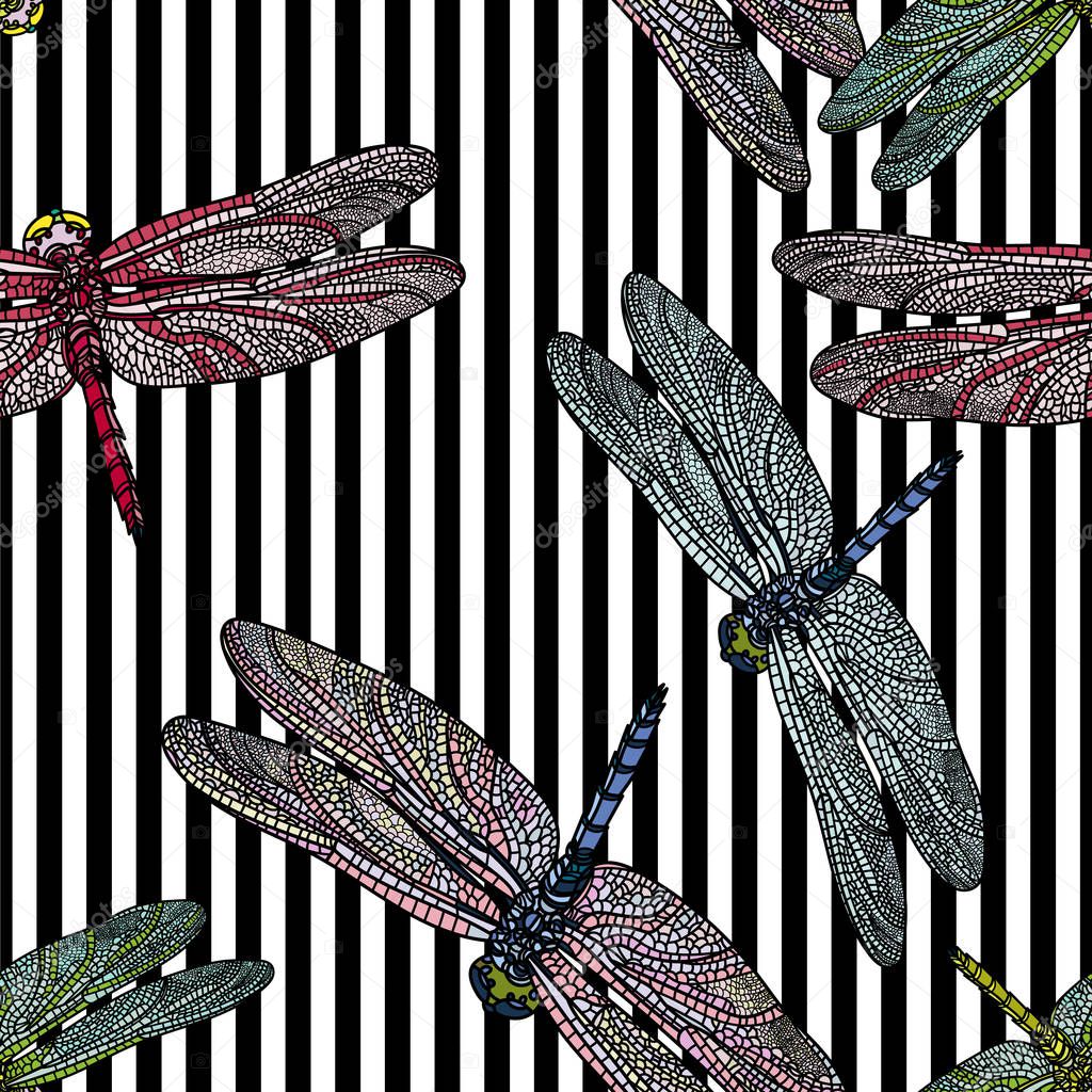 Seamless pattern with dragonflyn and stripes.