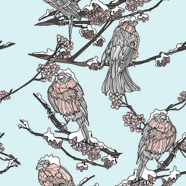 Seamless pattern with bullfinches on the branches.