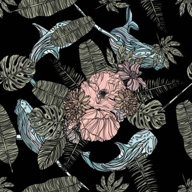 Seamless modeli çiçekli tropikal yaprak ve balina.