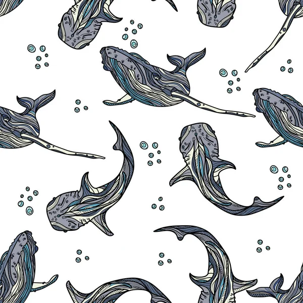 Varrat nélküli mintát a bálnák és a buborékok. — Stock Vector