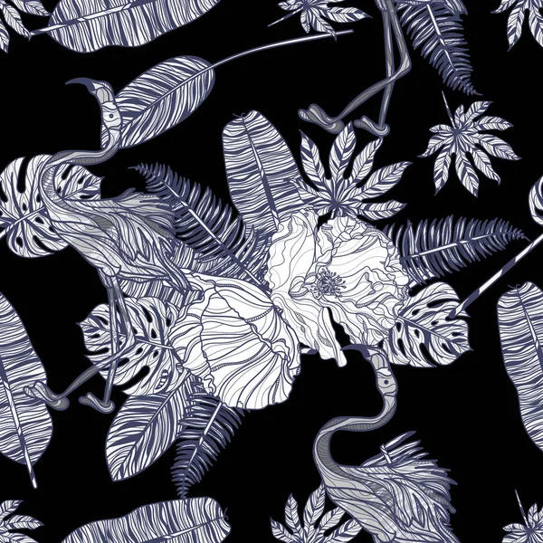 Тропические листья, маки и фламинго бесшовный узор . — стоковый вектор