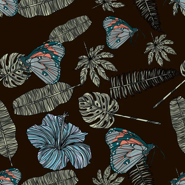 Hojas tropicales, hibisco y mariposa patrón sin costura . — Vector de stock