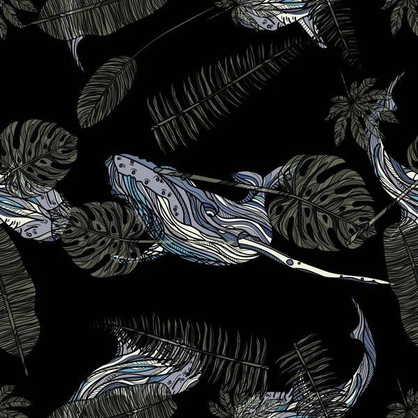 Безшовний візерунок з китами і тропічним листям . — стоковий вектор