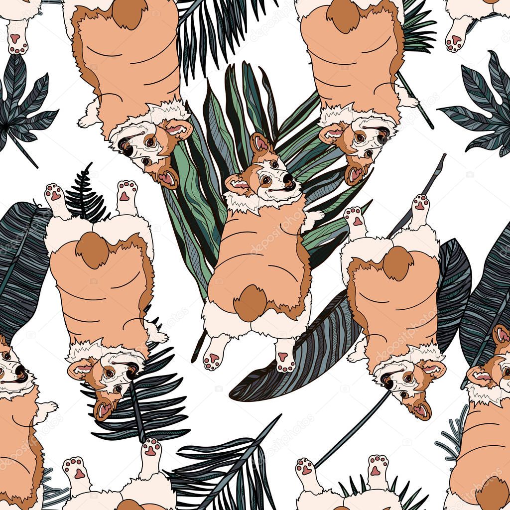 Seamless pattern with dog and tropical leaves. 