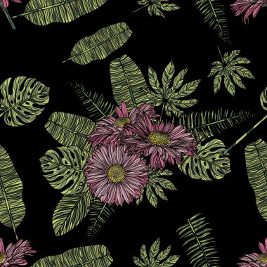 Papatya ve tropikal yaprak ile Seamless Modeli.