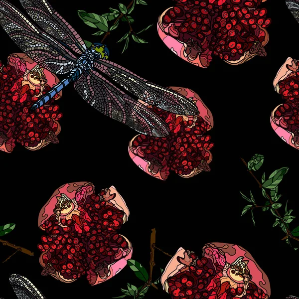Pomegranate fruit and dragonfly seamless pattern. — Stock Vector