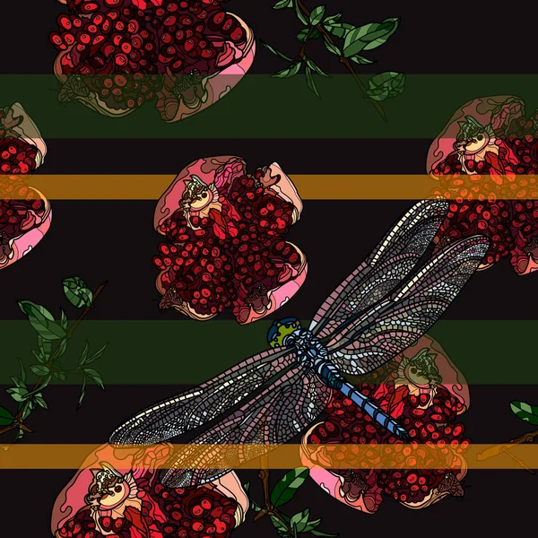 Pomegranate fruit and dragonfly seamless pattern. — Stock Vector