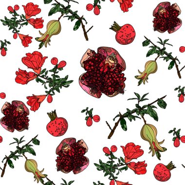 Nar meyve, çiçek ve siyah arka plan üzerine dalları ile Seamless modeli. Vektör çizim. Tipografi tasarım öğeleri için parmak izi, kart, posterler, paketleme, marka ürünler. 