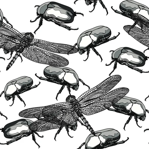 Naadloze zwart-wit patroon met insecten. — Stockvector
