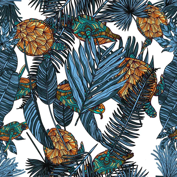 Patrón sin costuras con tortugas y hojas tropicales . — Archivo Imágenes Vectoriales