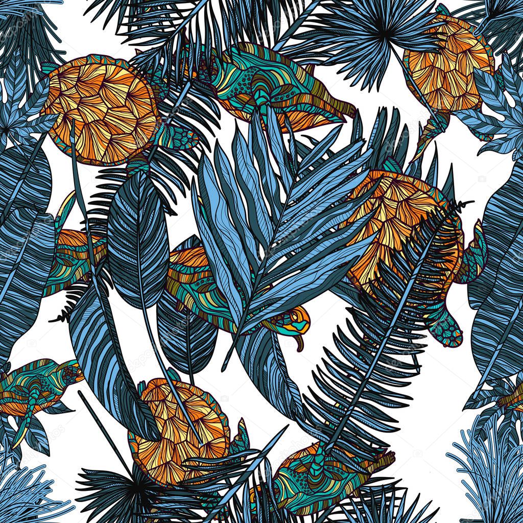 Seamless pattern with turtles and tropical leaves.