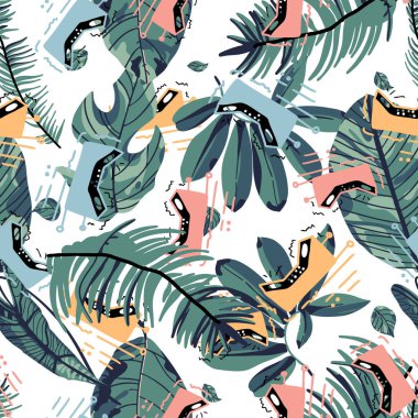 Doku, eski antika, antika, çok renkli, fiziki düğmeleri ve büyük uzun antenli hippi cep telefonlarının kusursuz desenli posteri. Palmiye yaprakları vektör dokusu.