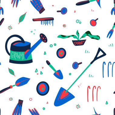 Bahçıvanlık ekipmanı vektörü kusursuz desen. Koleksiyon araçlar ve aksesuarlar düz stil tasarımından oluşur. Tarım ve tarım kavramının taslağını çiz