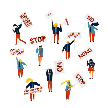 Pankart ve pankart taşıyan bir sürü protestocu. Kadınlar siyasi buluşmalara, geçit törenlerine ya da mitinglere katılıyor. Bir grup erkek ve kadın protestocu veya eylemci. Vektör illüstrasyonu.