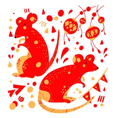 İçinde fareler ve el yazması harflerle dolu tebrik kartı beyaz metal farenin yeni yılı kutlu olsun. Vektör çizimi. Düz stil tasarım. Bayram afişi, dekor ögesi kavramı.