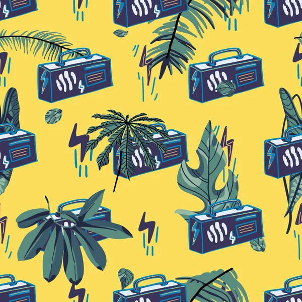 Analog recorder in vintage style, vector seamless pattern with tropical green palm leaves, jungle leaves on yellow background. Trendy summer vintage texture.