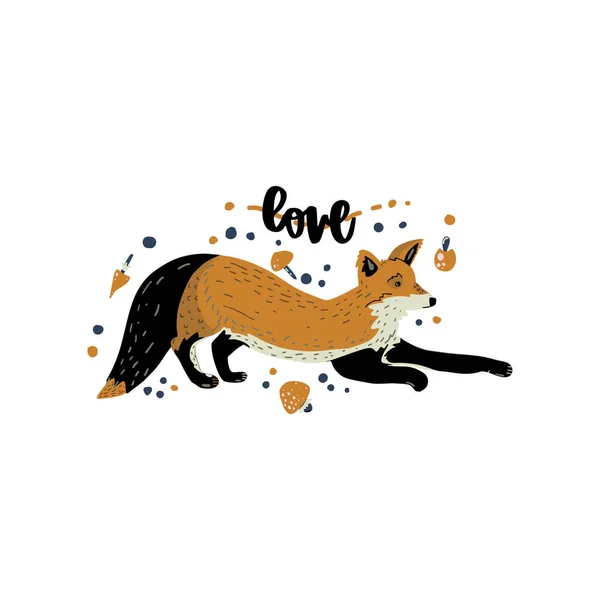 Lying Fox Flat Vector Illustration Hand Drawn Lettering Love Cute — Stock Vector