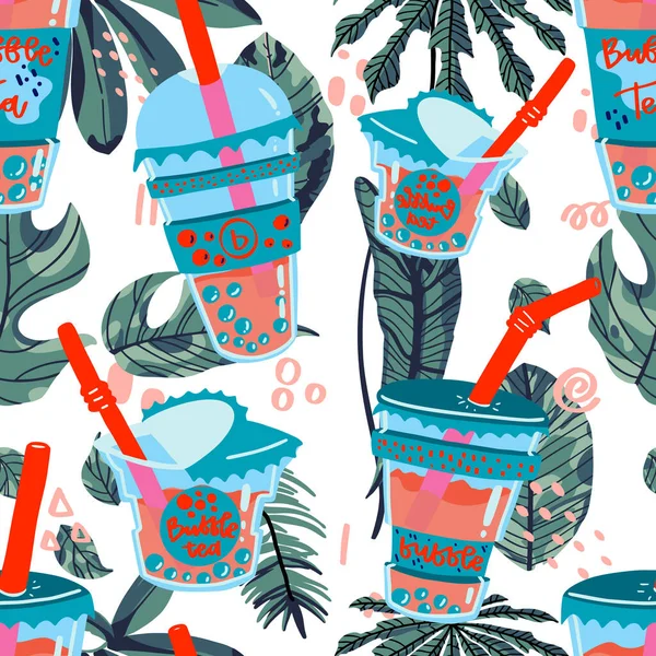 Bubble Tea Graziosa Illustrazione Con Foglie Tropicali Sfondo Bicchiere Bere — Vettoriale Stock