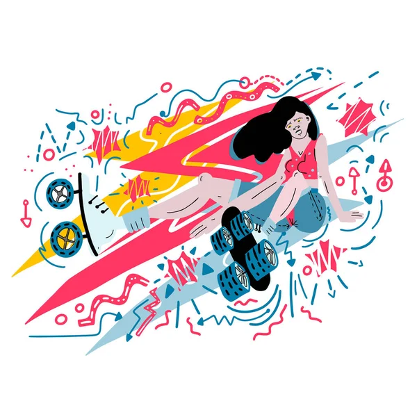 Mädchen Auf Rollschuhen Flache Handgezeichnete Vektorillustration Für Poster Banner Design — Stockvektor
