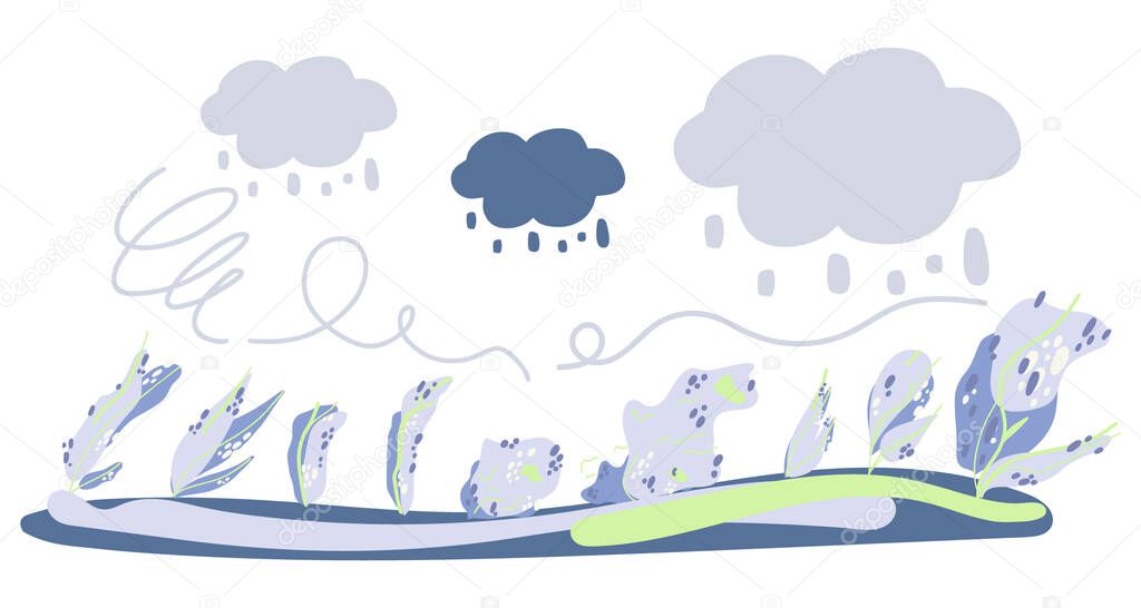 Windy weather. Trees and bushes fluttering in the wind under thunderclouds. Vector illustration
