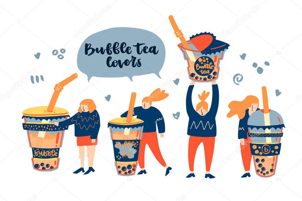 Group of Girls and cups with Boba Bubble milk tea in cup with straw vector illustration. Hand drawn lettering - bubble tea lovers. Can be used for greeting cards, posters, party invitations or menu.