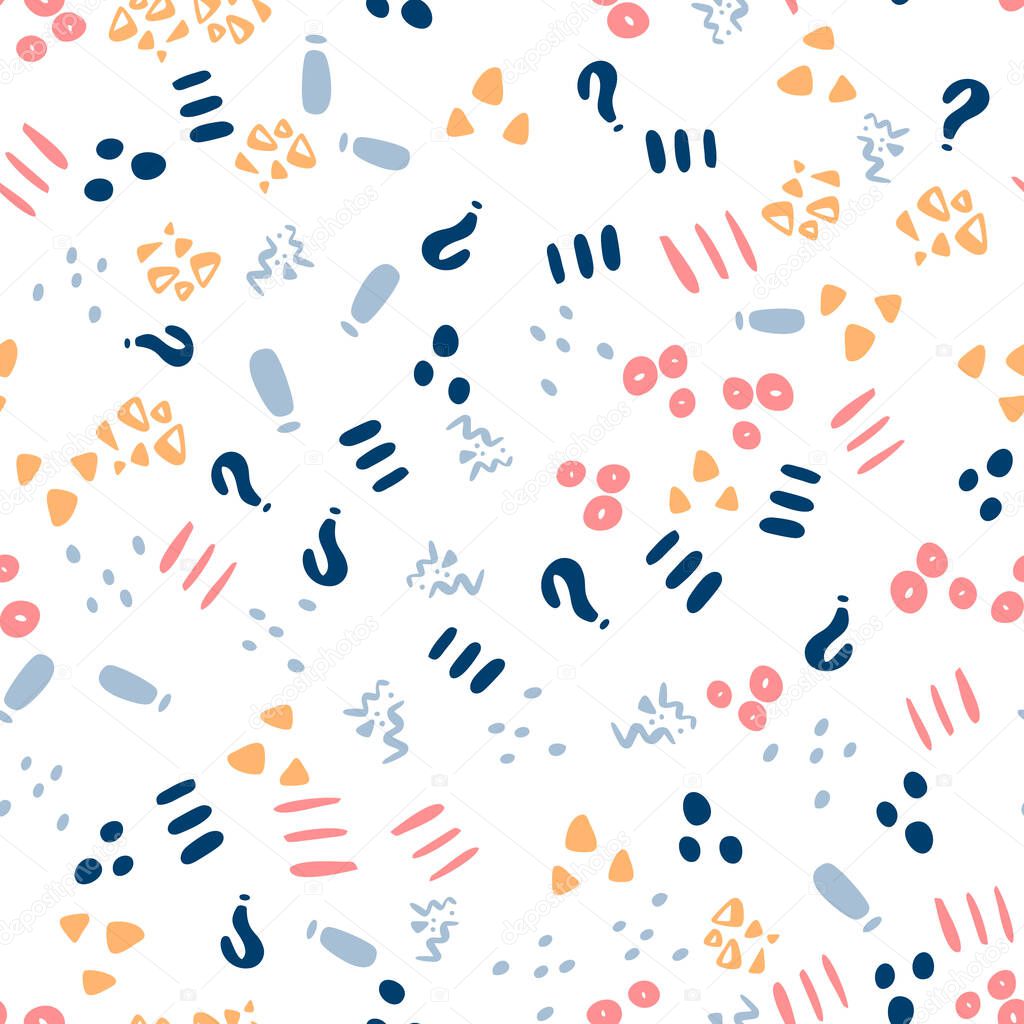 Abstract shapes hand drawn color seamless pattern. Lines, triangles, dots, exclamation and question marks cartoon texture. Geometric elements sketch illustration. Vector childish texture.