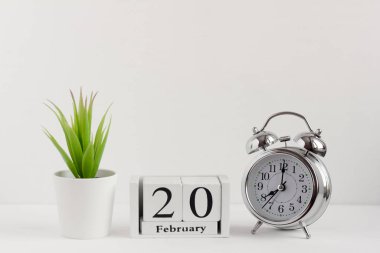 20 Şubat 'ta, arka planda alarmın yanındaki ahşap takvimde. Yılın bir günü sosyal adalet gününde..