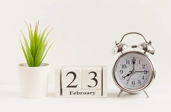 23 февраля на деревянном календаре рядом с будильником и цветком на белом фоне. Концепция одного дня в году - знаменательная дата или событие. . — стоковое фото