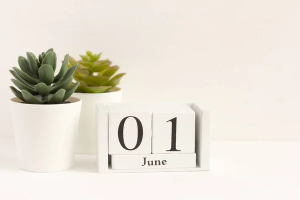 6月1日 光の背景に花のある木のカレンダー 夏の最初の日 テキスト用の空のスペース 6月1日は子供の日です こんにちは夏 — ストック写真