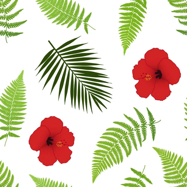 Czerwony Hibiscus Palm Pozostawia Wzór Ilustracja Wektorowa — Wektor stockowy