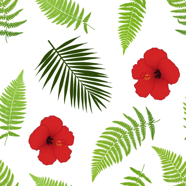 Röd Hibiskus Och Palm Lämnar Sömlösa Mönster Vektorillustration — Stock vektor