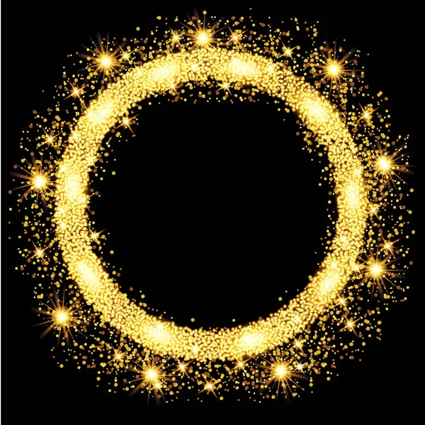 Gold glow glitter circle frame with stars. Vector illustration.