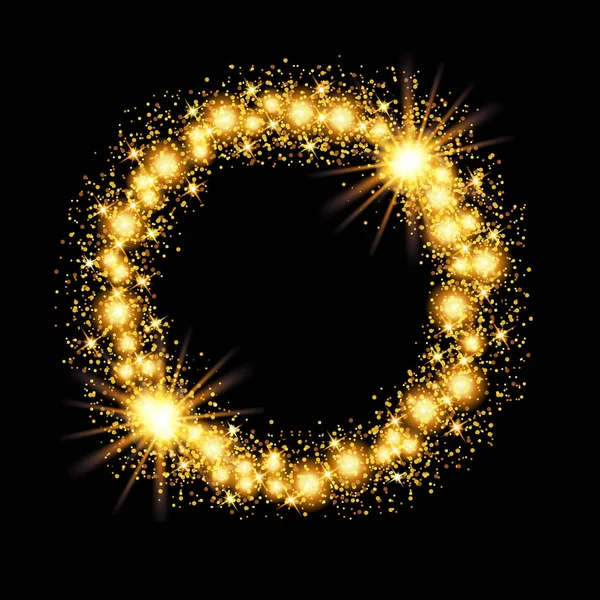 Brillant Cadre Cercle Paillettes Avec Des Étoiles Sur Fond Noir — Image vectorielle