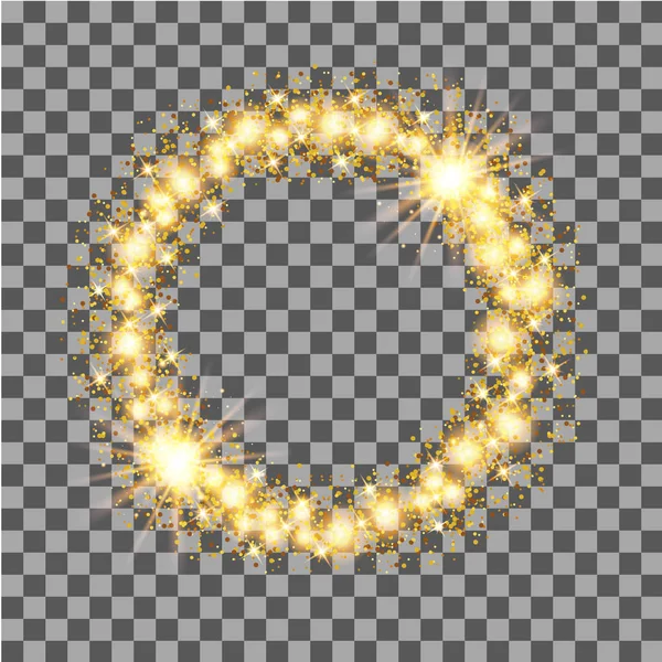 Gouden Gloed Glitter Cirkelframe Met Sterren Transparante Achtergrond Vectorillustratie — Stockvector